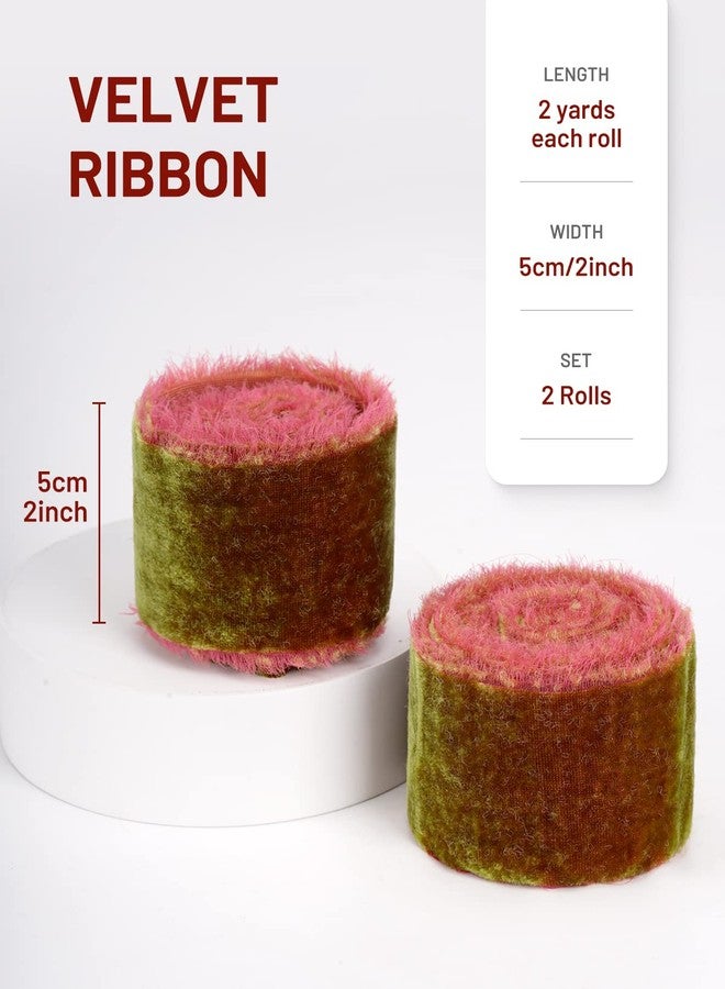 FAKILO Rust Red Velvet Ribbon with Frayed Fringe for Gift Wrapping, 2 Roll 2 Inch x 2 Yard Gorgeous Silk Velvet Ribbon for Photography, Flower Bouquet, Wedding Decor - Image 2